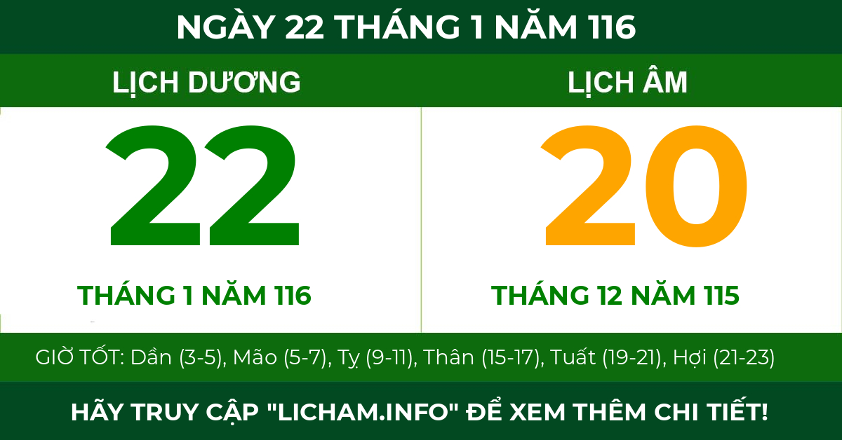 lịch âm ngày 22 tháng 1 năm 116