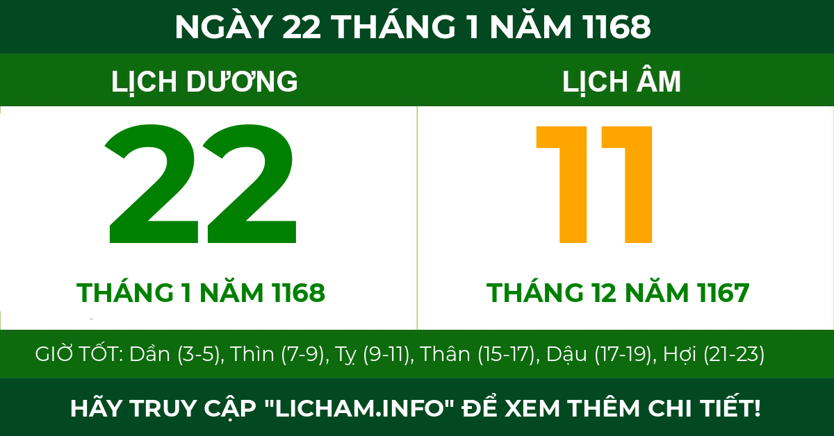 lịch âm ngày 22 tháng 1 năm 1168