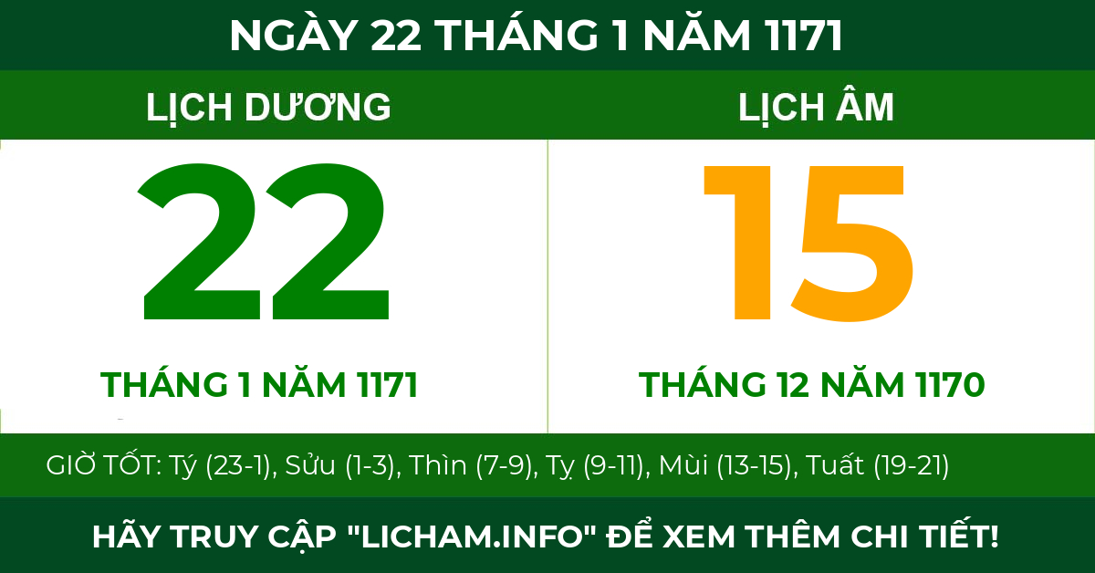 lịch âm ngày 22 tháng 1 năm 1171