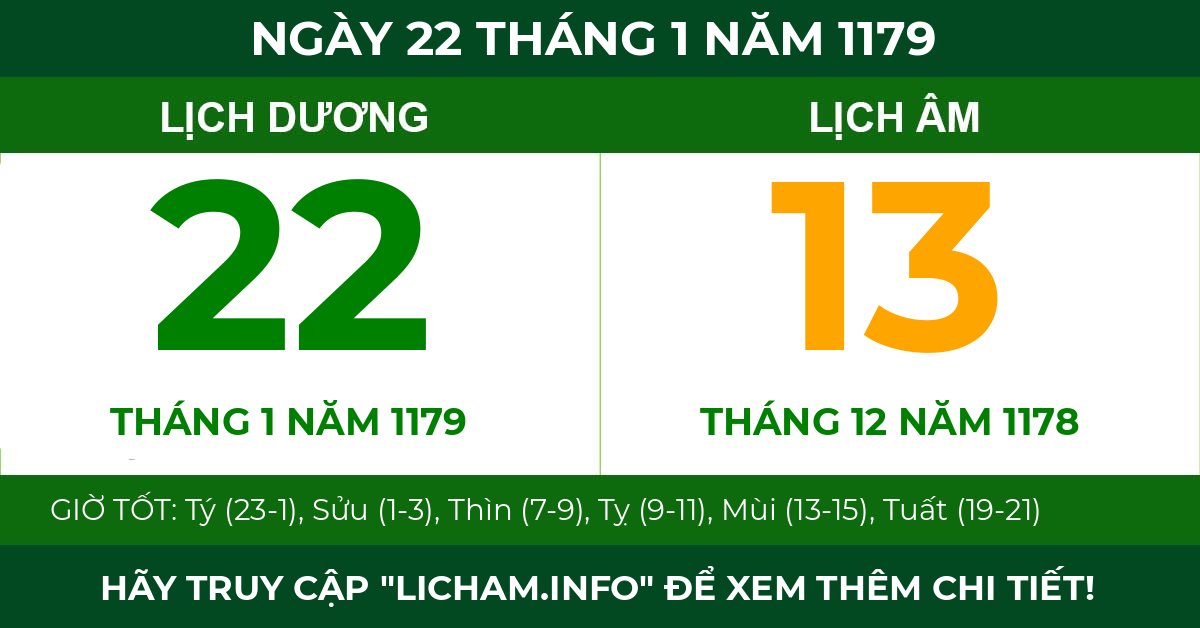 lịch âm ngày 22 tháng 1 năm 1179