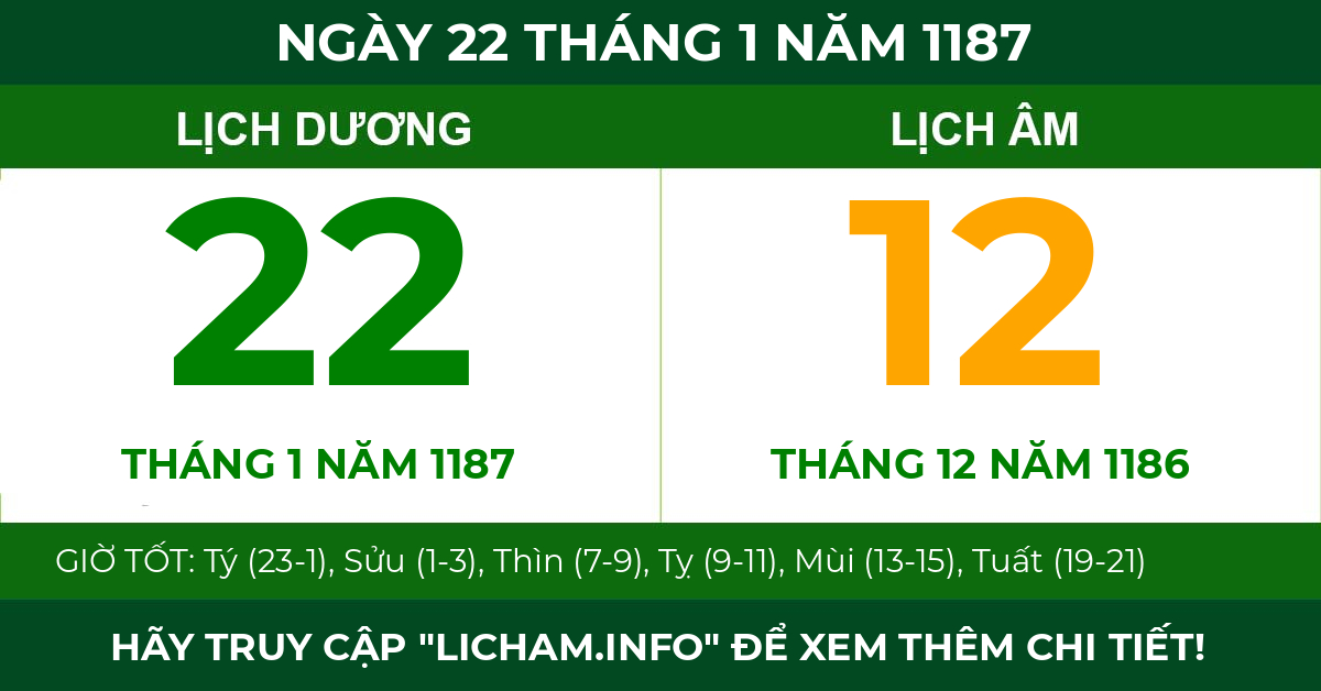 lịch âm ngày 22 tháng 1 năm 1187