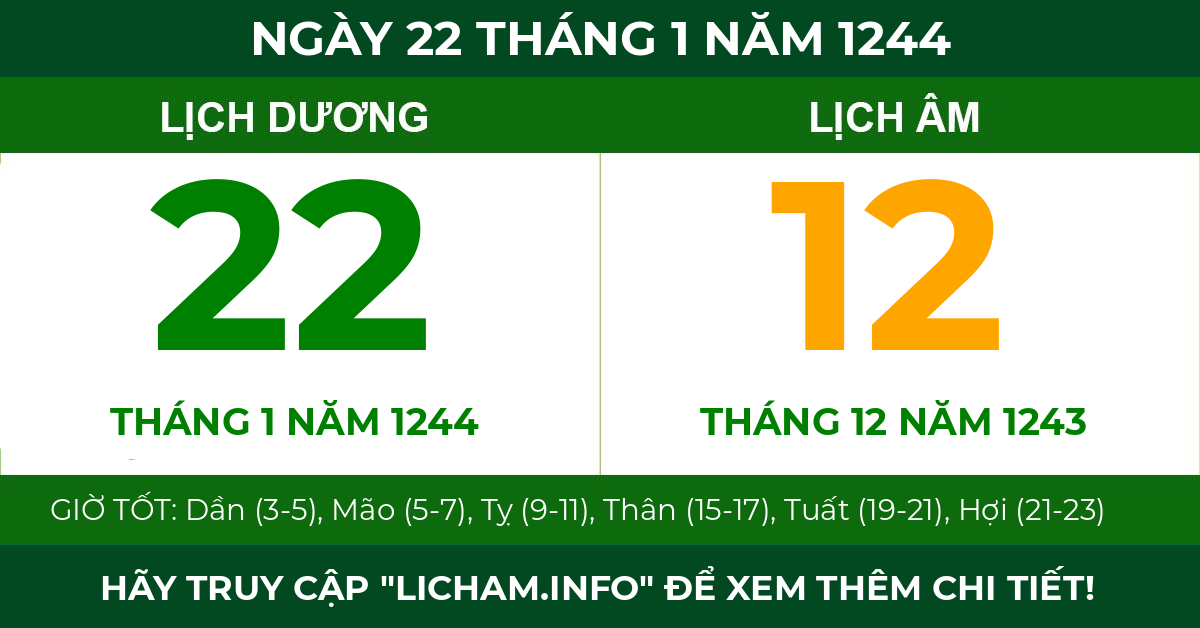 lịch âm ngày 22 tháng 1 năm 1244