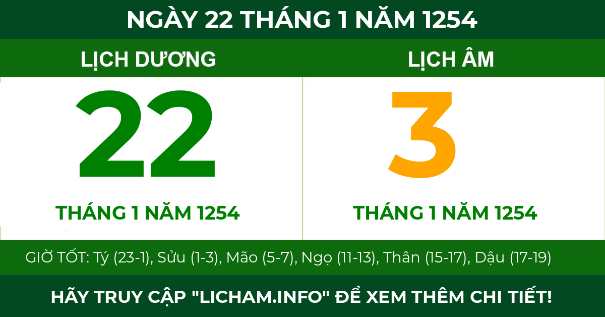 lịch âm ngày 22 tháng 1 năm 1254