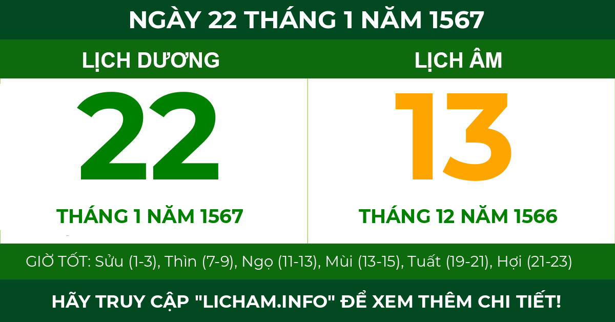 lịch âm ngày 22 tháng 1 năm 1567