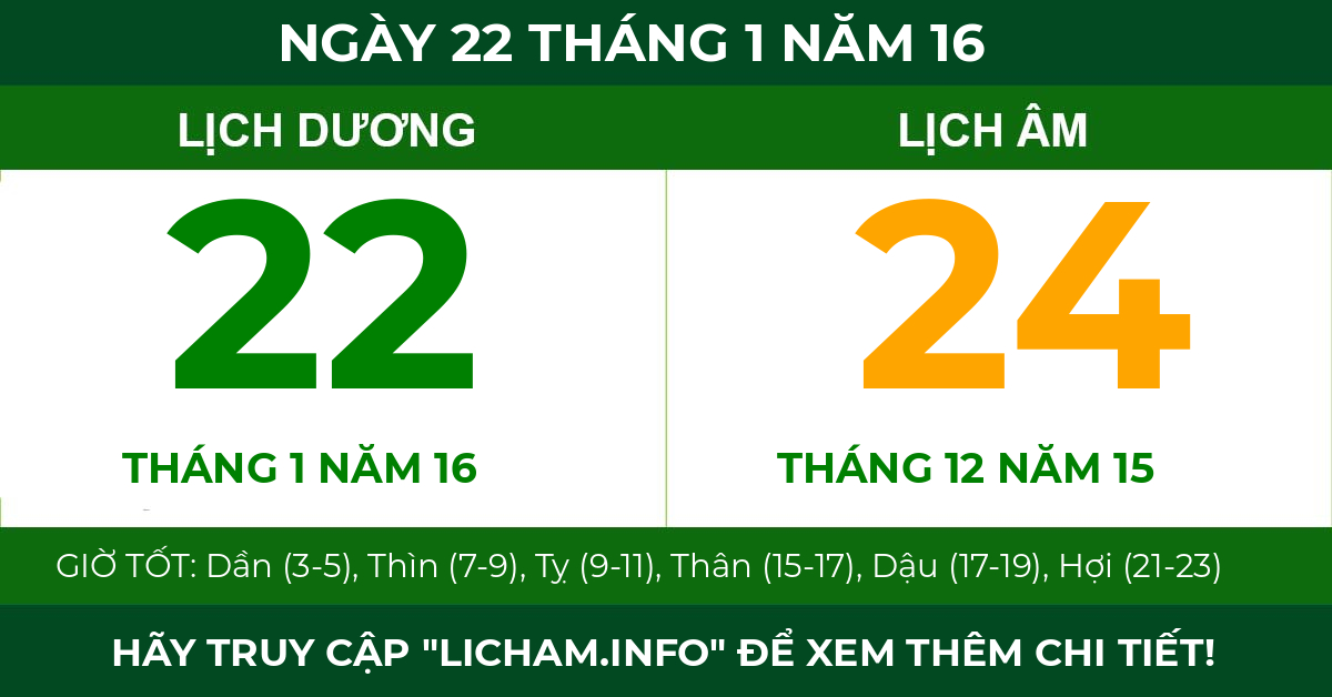 lịch âm ngày 22 tháng 1 năm 16