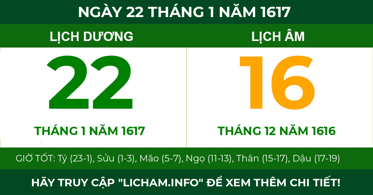 lịch âm ngày 22 tháng 1 năm 1617