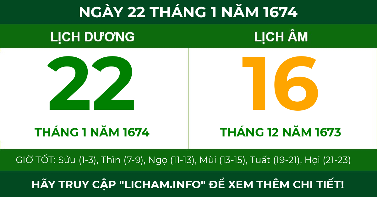 lịch âm ngày 22 tháng 1 năm 1674