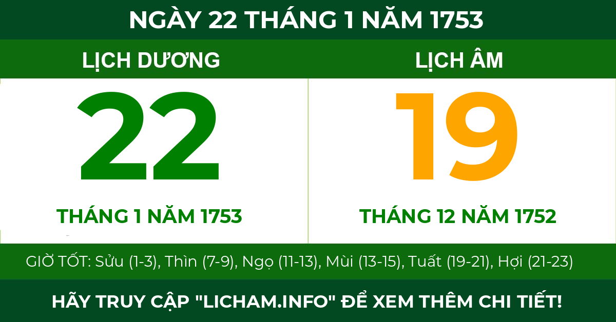 lịch âm ngày 22 tháng 1 năm 1753