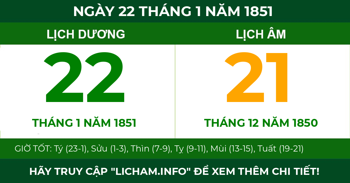 lịch âm ngày 22 tháng 1 năm 1851