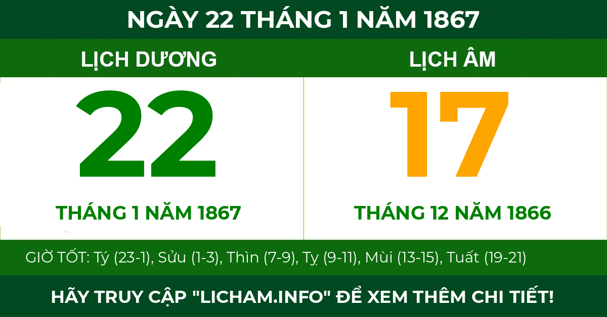 lịch âm ngày 22 tháng 1 năm 1867