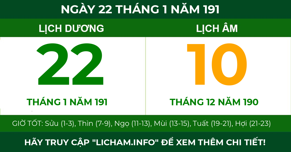 lịch âm ngày 22 tháng 1 năm 191