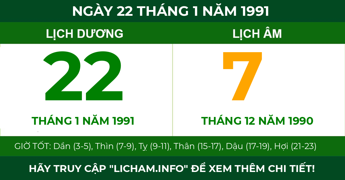 lịch âm ngày 22 tháng 1 năm 1991