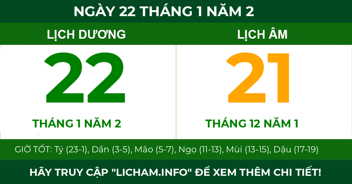 lịch âm ngày 22 tháng 1 năm 2