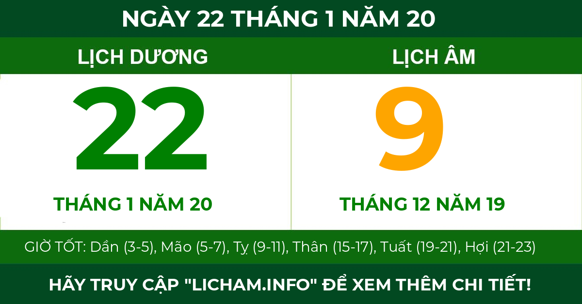 lịch âm ngày 22 tháng 1 năm 20