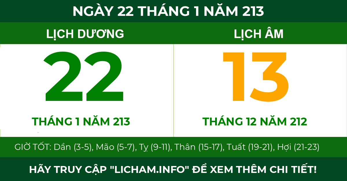 lịch âm ngày 22 tháng 1 năm 213