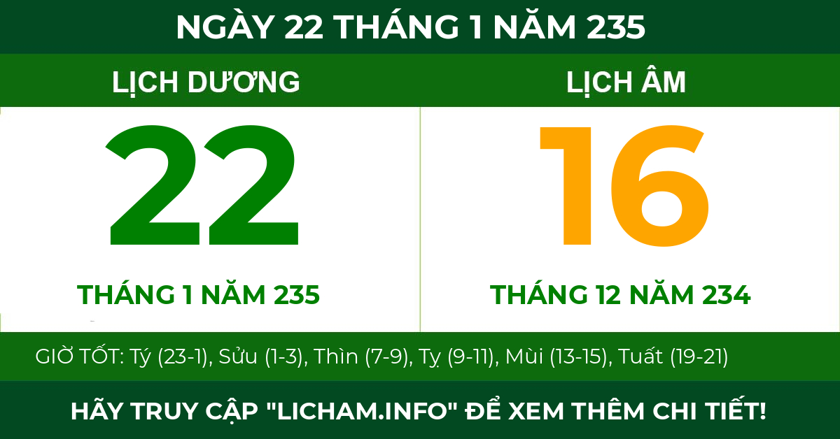lịch âm ngày 22 tháng 1 năm 235