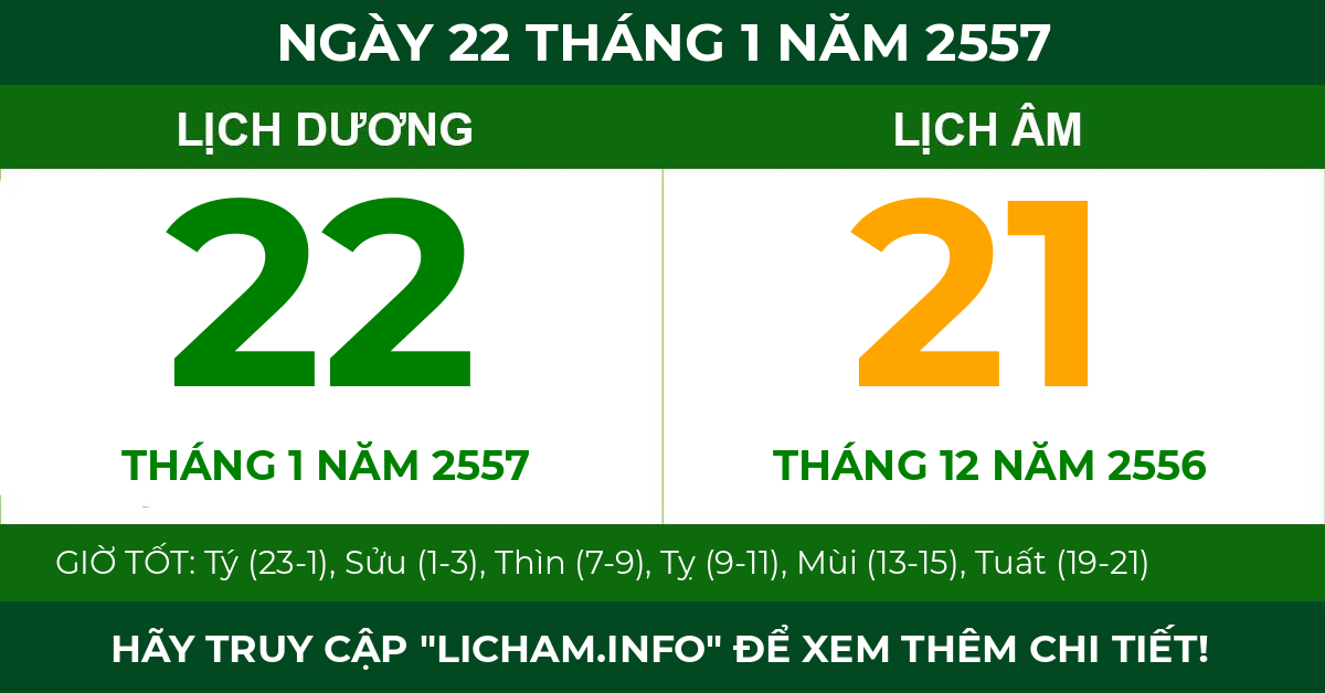 lịch âm ngày 22 tháng 1 năm 2557