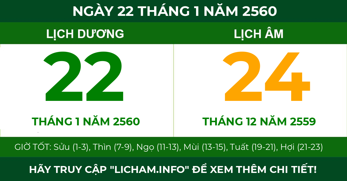 lịch âm ngày 22 tháng 1 năm 2560