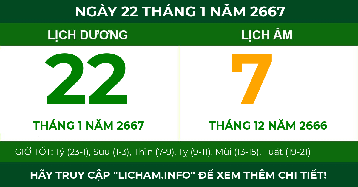 lịch âm ngày 22 tháng 1 năm 2667