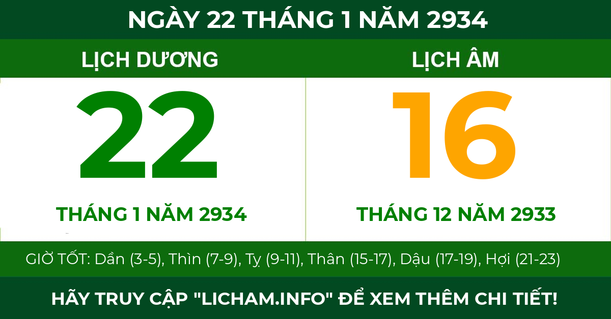 lịch âm ngày 22 tháng 1 năm 2934