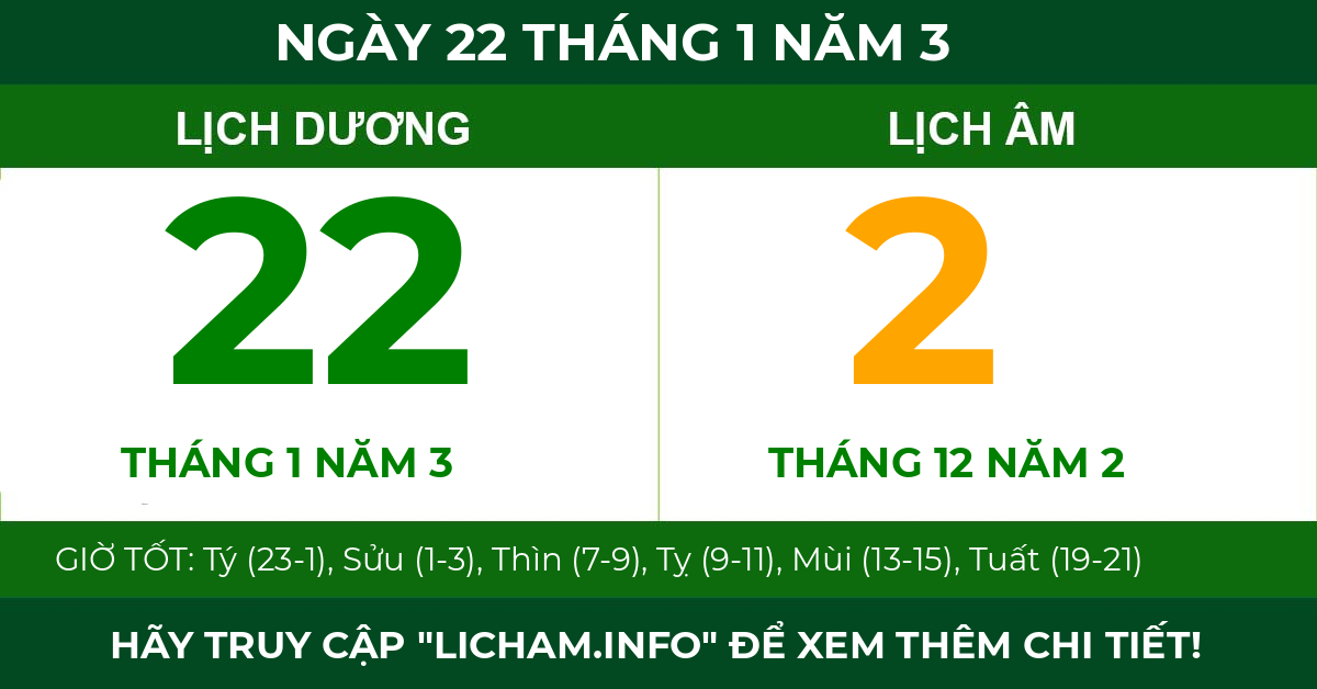lịch âm ngày 22 tháng 1 năm 3