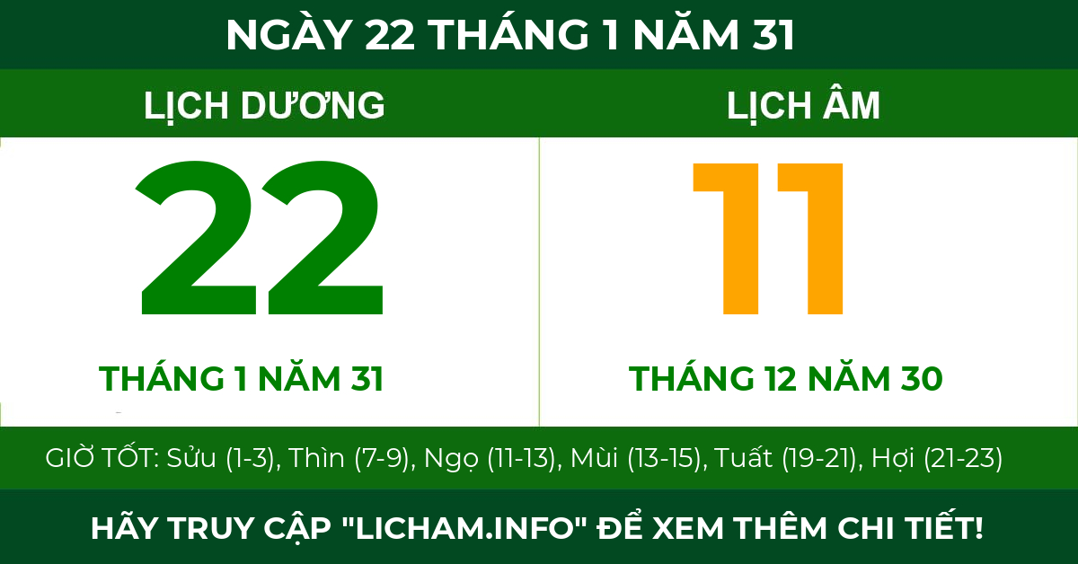 lịch âm ngày 22 tháng 1 năm 31