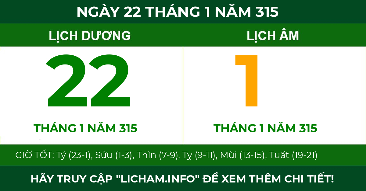 lịch âm ngày 22 tháng 1 năm 315