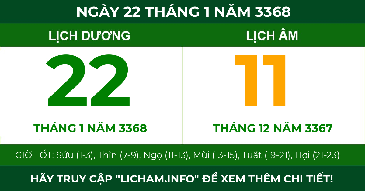 lịch âm ngày 22 tháng 1 năm 3368