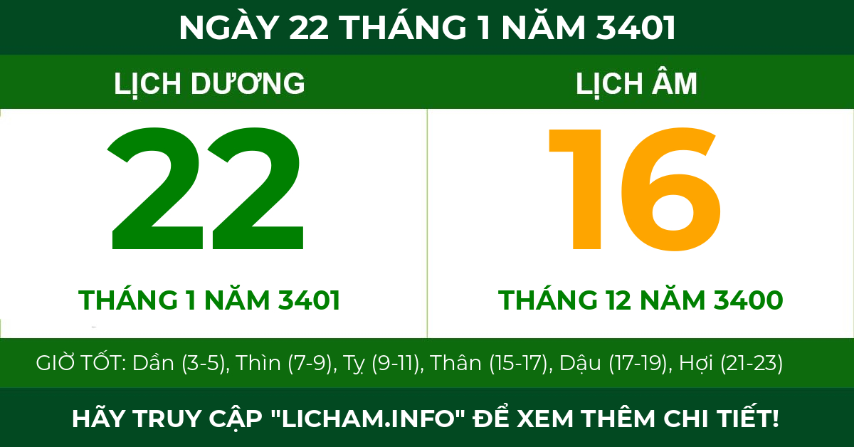lịch âm ngày 22 tháng 1 năm 3401