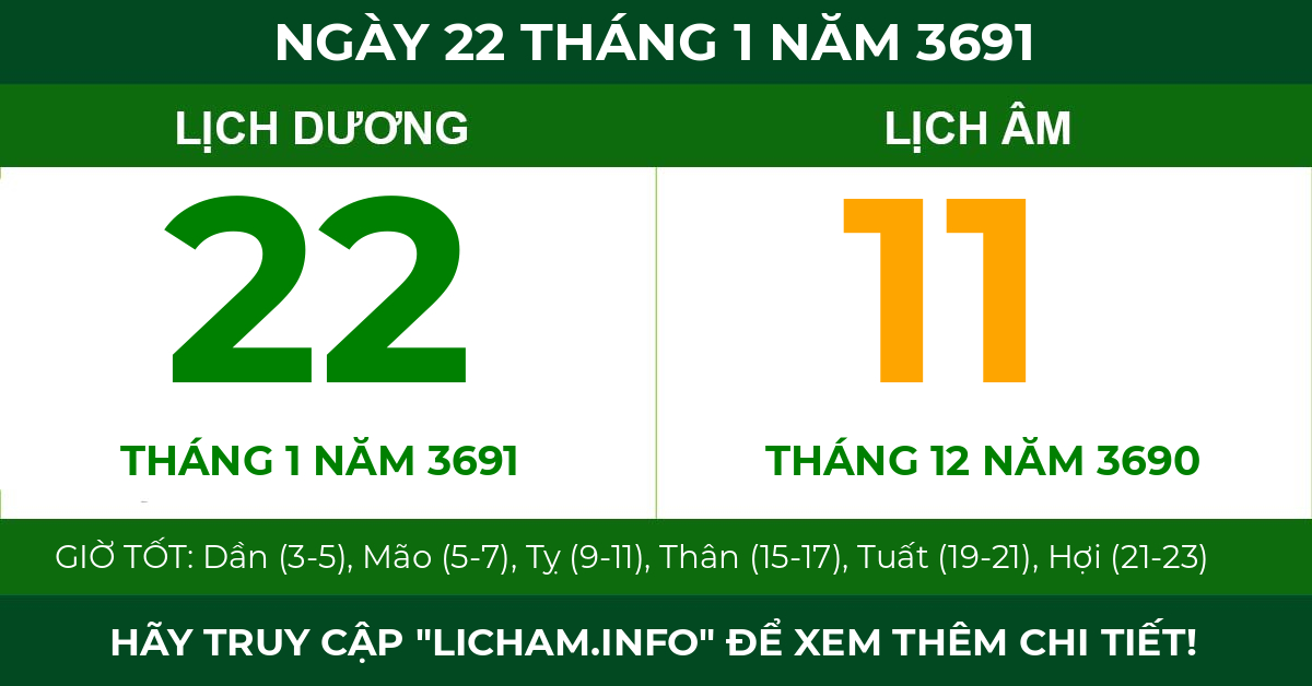 lịch âm ngày 22 tháng 1 năm 3691