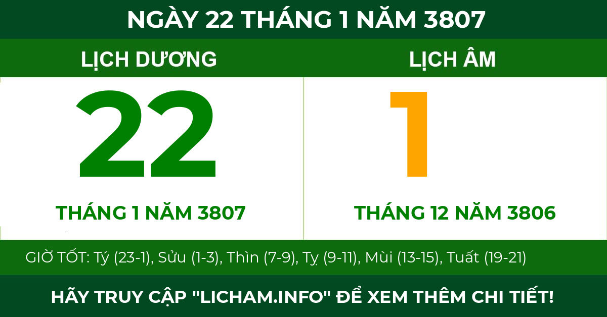 lịch âm ngày 22 tháng 1 năm 3807