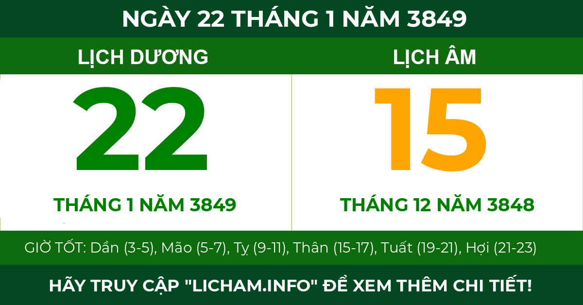 lịch âm ngày 22 tháng 1 năm 3849