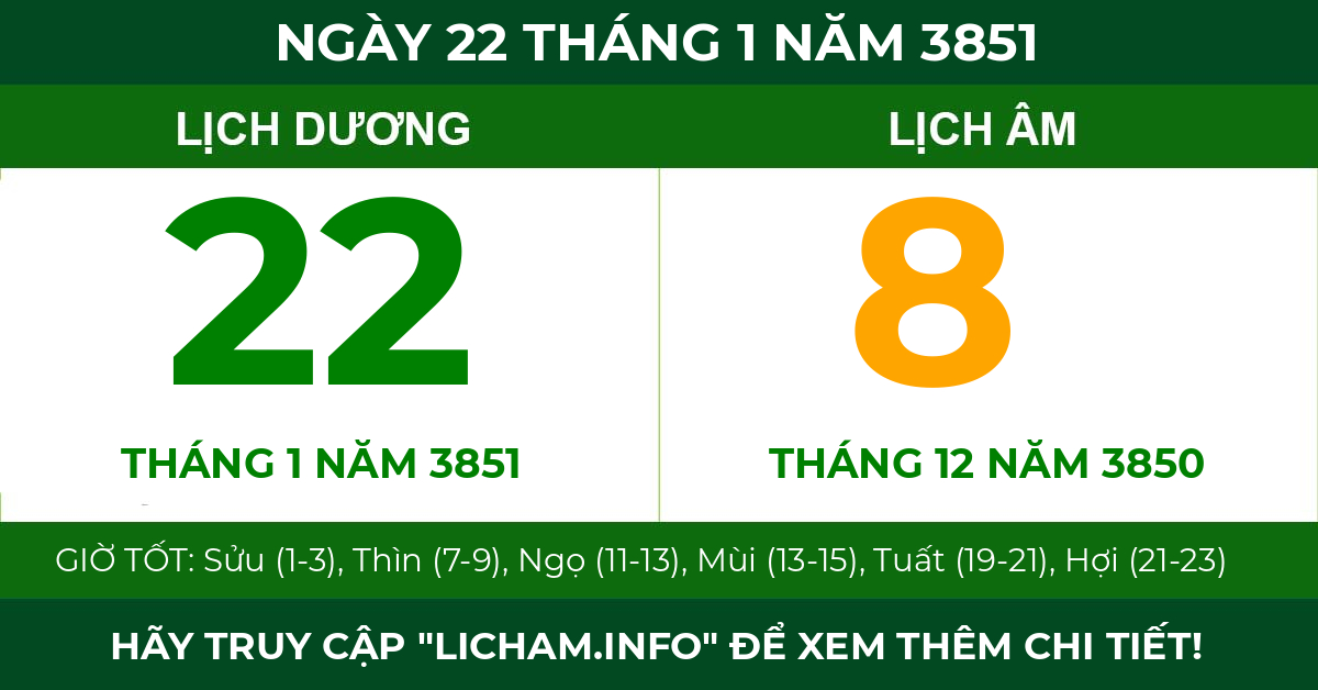 lịch âm ngày 22 tháng 1 năm 3851