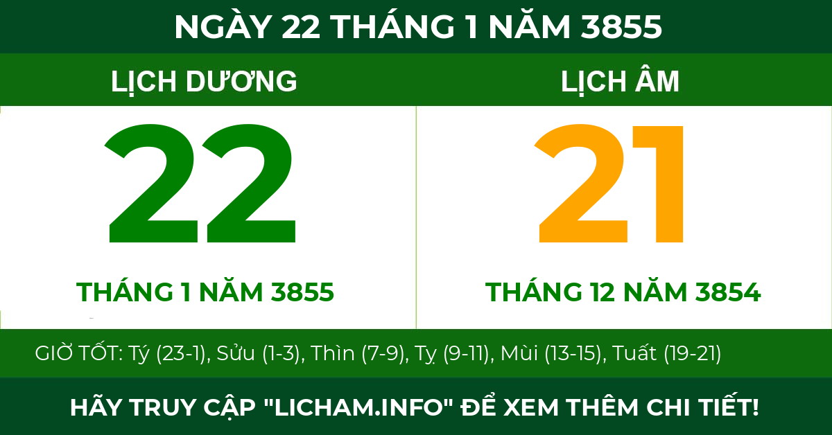 lịch âm ngày 22 tháng 1 năm 3855