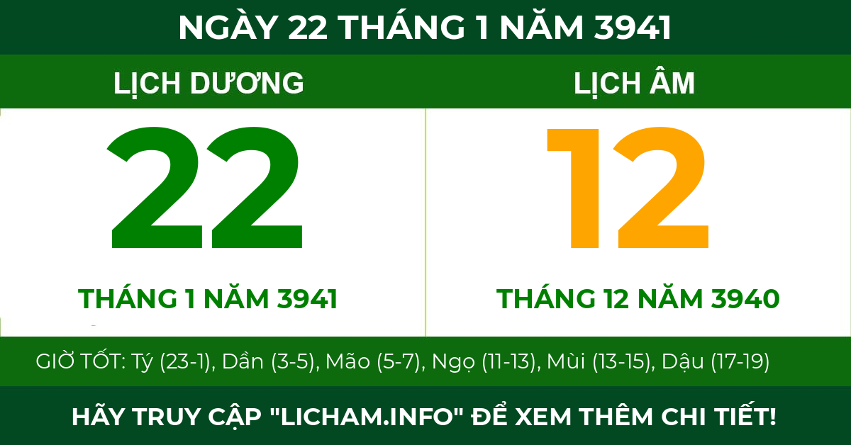 lịch âm ngày 22 tháng 1 năm 3941