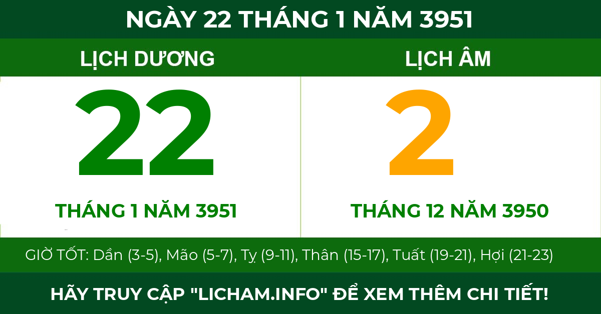 lịch âm ngày 22 tháng 1 năm 3951