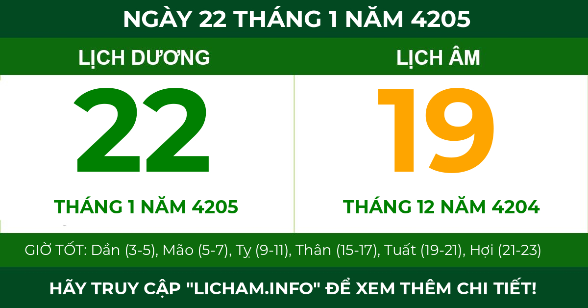 lịch âm ngày 22 tháng 1 năm 4205