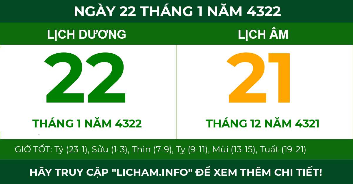 lịch âm ngày 22 tháng 1 năm 4322
