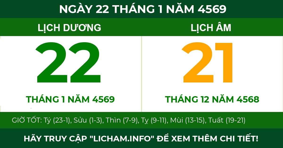 lịch âm ngày 22 tháng 1 năm 4569
