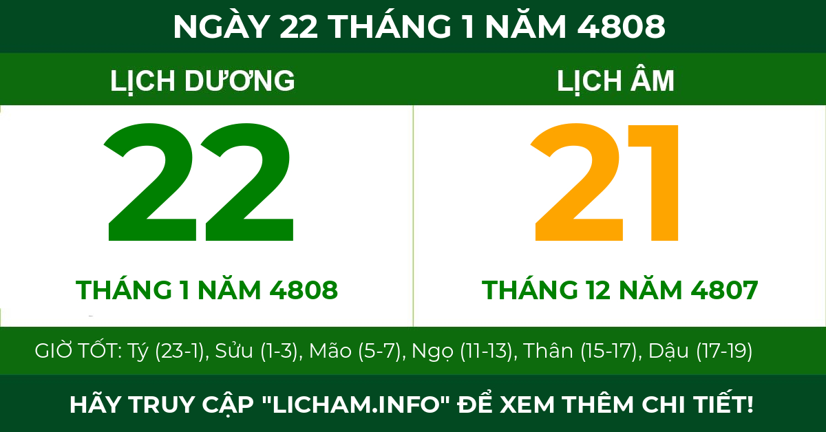 lịch âm ngày 22 tháng 1 năm 4808
