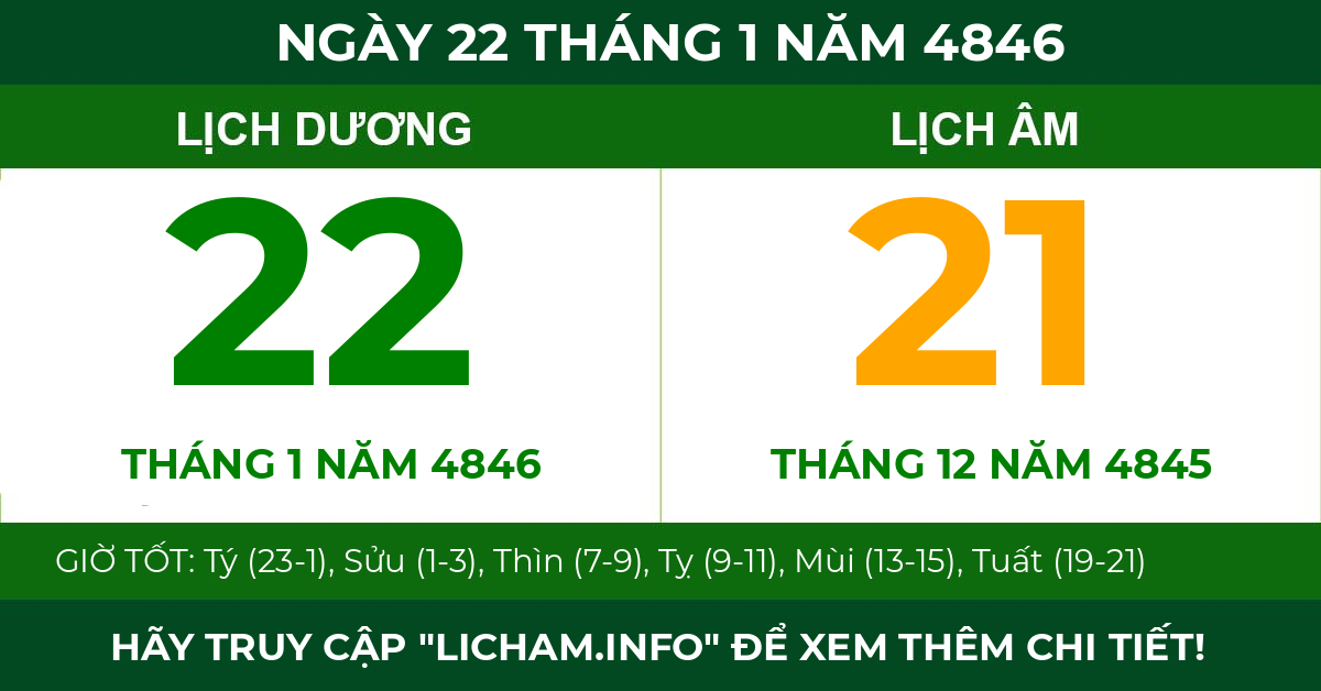 lịch âm ngày 22 tháng 1 năm 4846