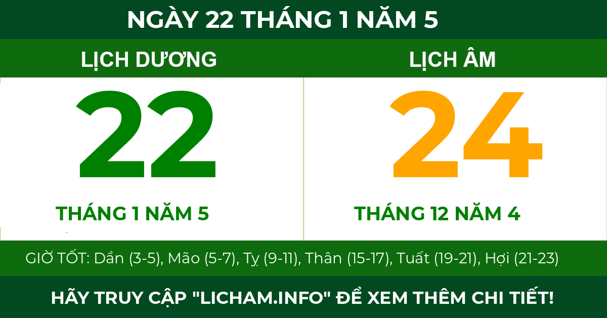 lịch âm ngày 22 tháng 1 năm 5