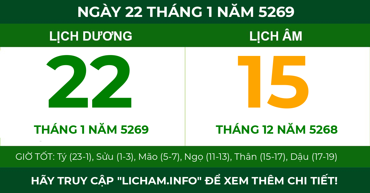 lịch âm ngày 22 tháng 1 năm 5269