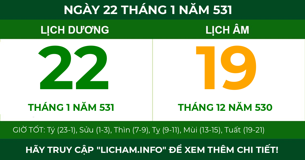 lịch âm ngày 22 tháng 1 năm 531