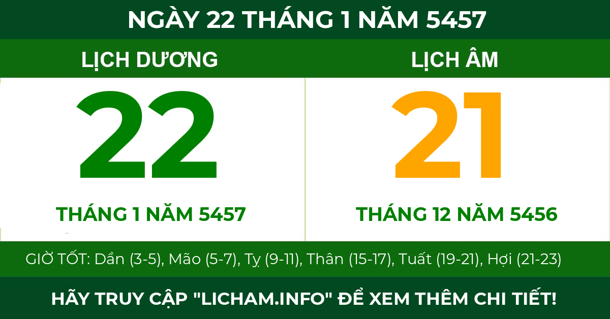 lịch âm ngày 22 tháng 1 năm 5457