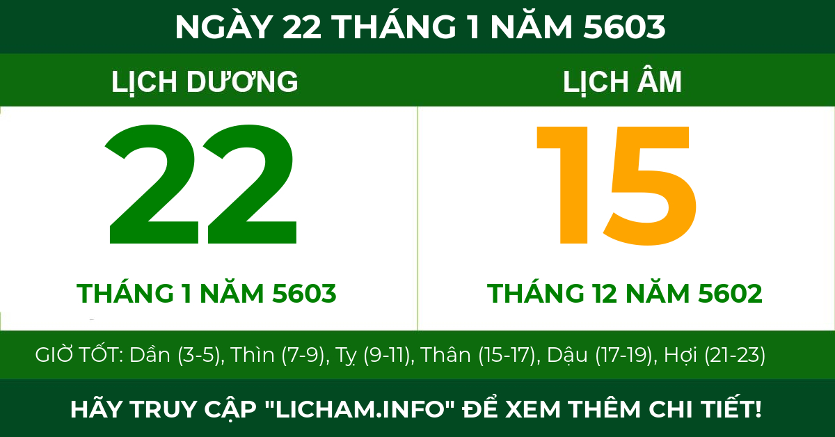 lịch âm ngày 22 tháng 1 năm 5603