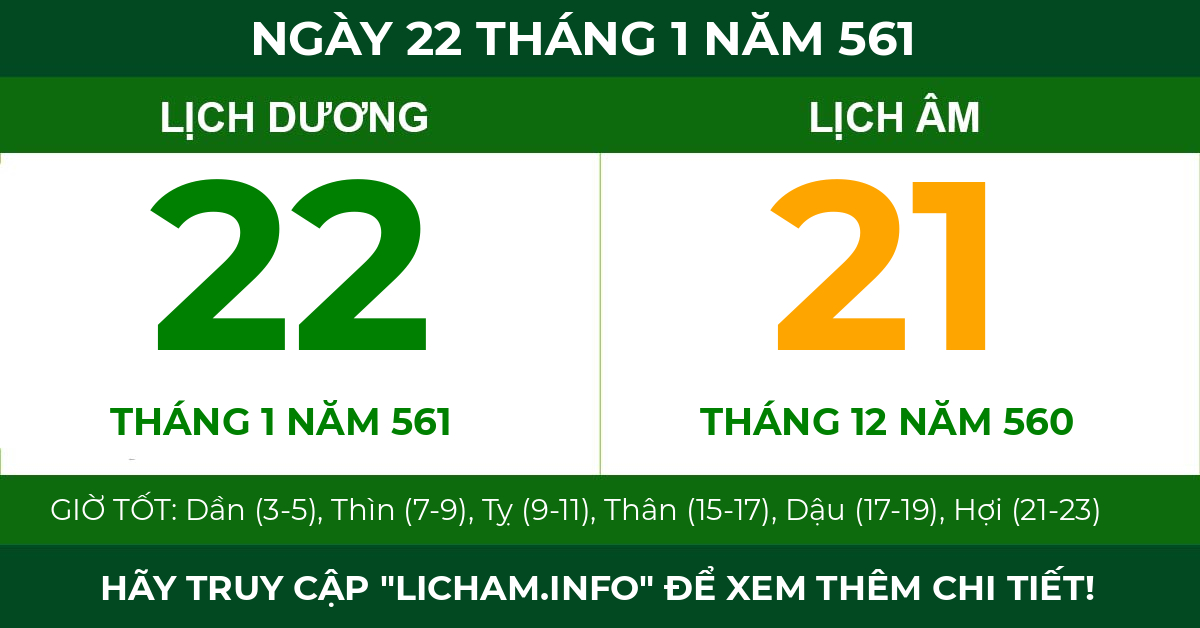 lịch âm ngày 22 tháng 1 năm 561