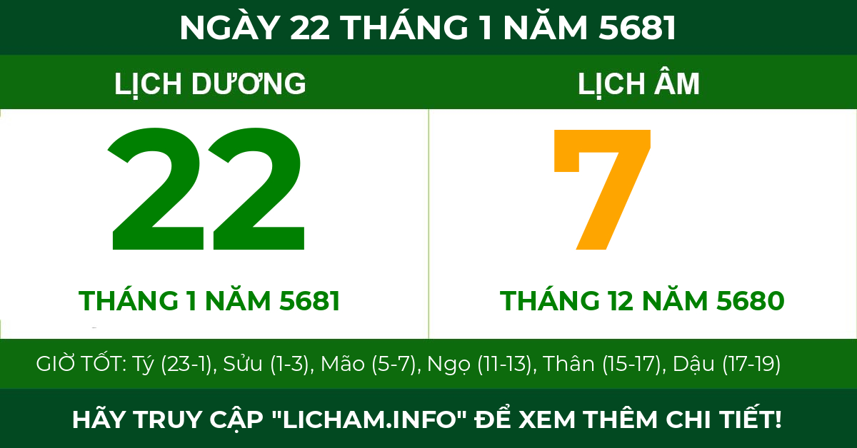 lịch âm ngày 22 tháng 1 năm 5681