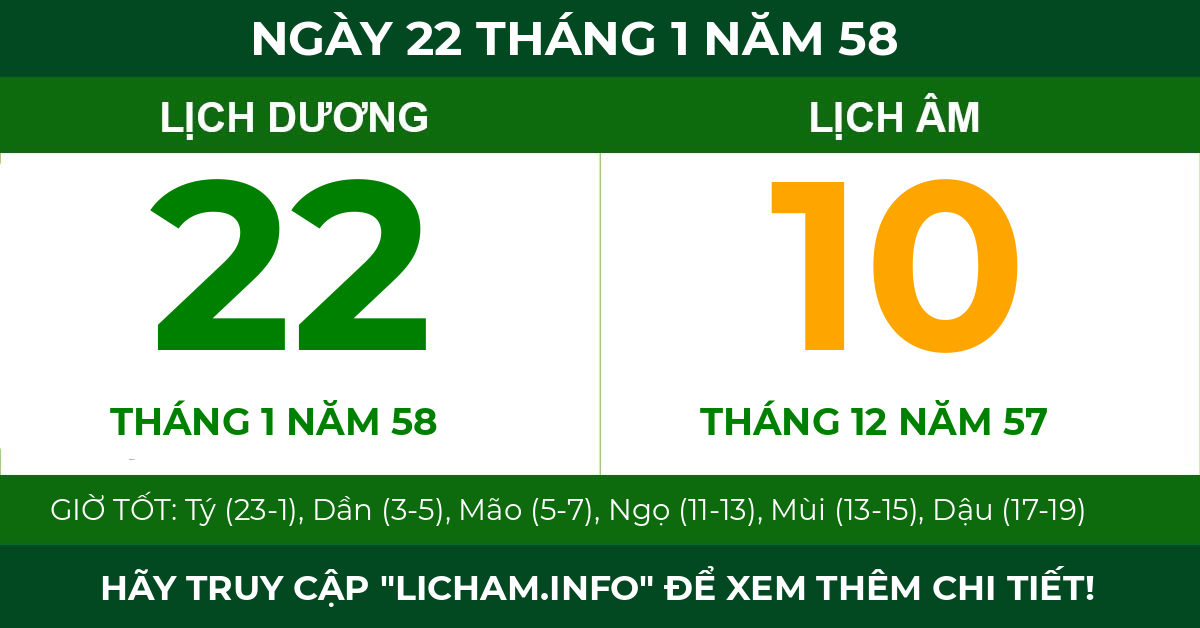 lịch âm ngày 22 tháng 1 năm 58