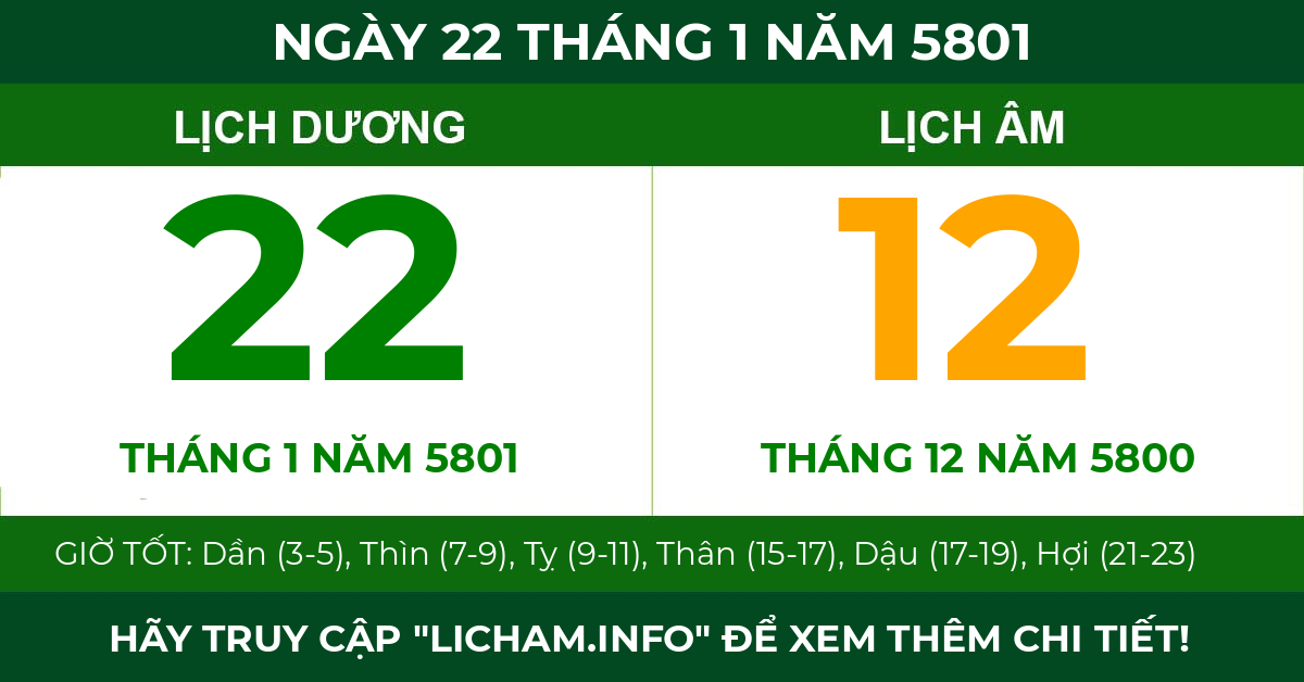 lịch âm ngày 22 tháng 1 năm 5801